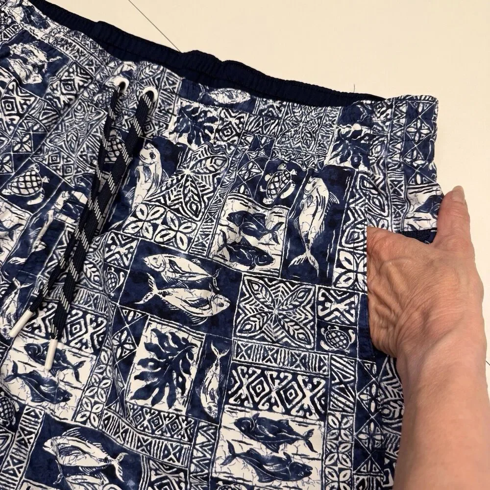 Lands’ End Mens ‎ 9” Volley Swim Trunks Shorts Navy Fish Block Print Sz XL